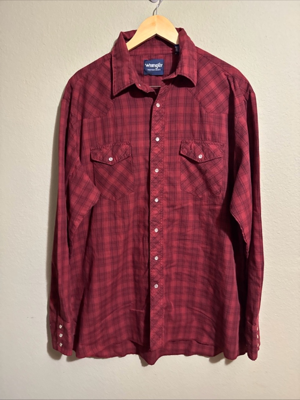 Wrangler Shirt Mens Red Plaid Western Pearl Snap Button Up Long Sleeve Size XLT
